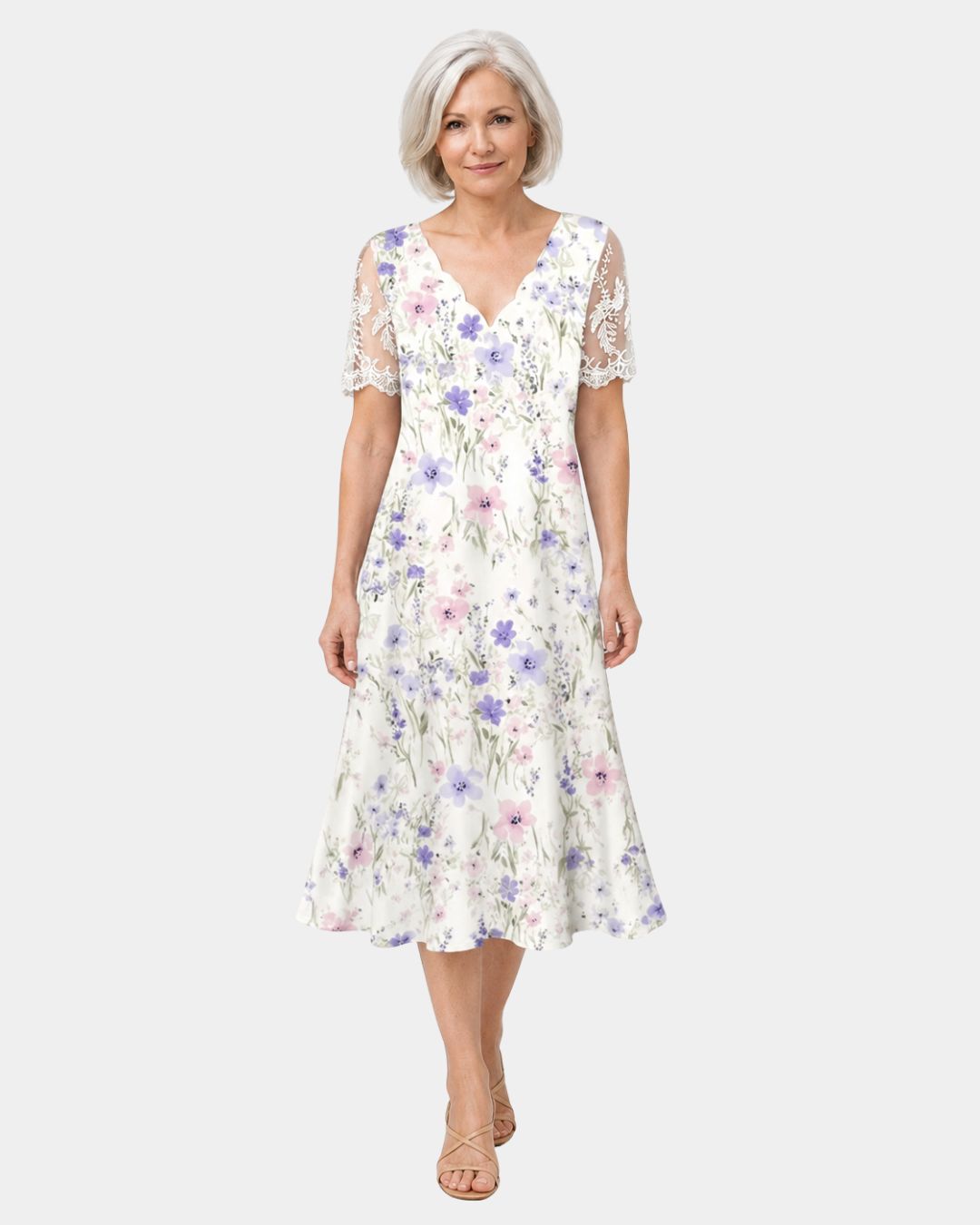 Katell | Kjole med blondeærmer og blomsterprint