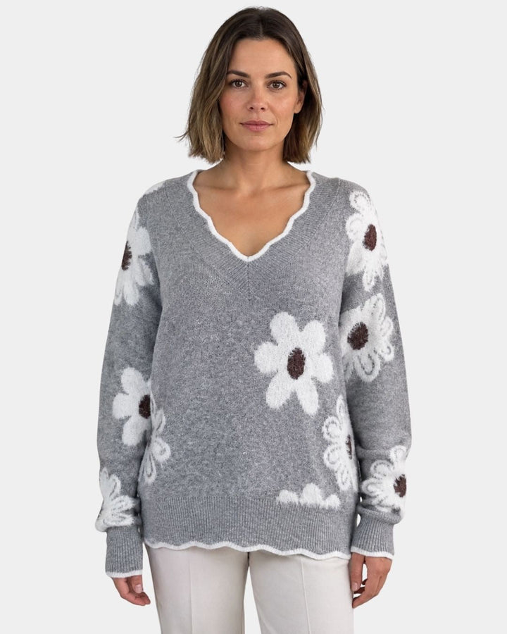PAULA | Elegant blomstret strik med V-hals