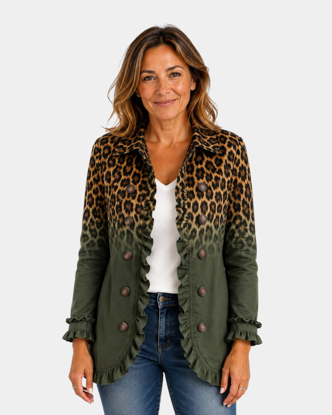 Mercedes | Blazerjakke med leopard i farveovergang og flæser