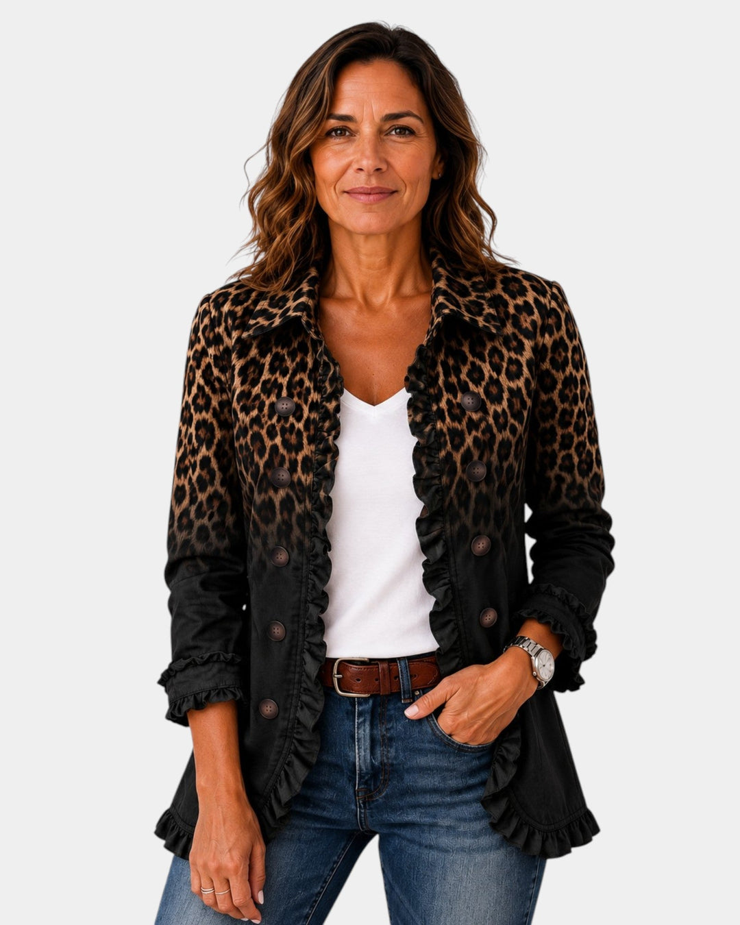 Sabina | Sort leopard-blazerjakke med flæser