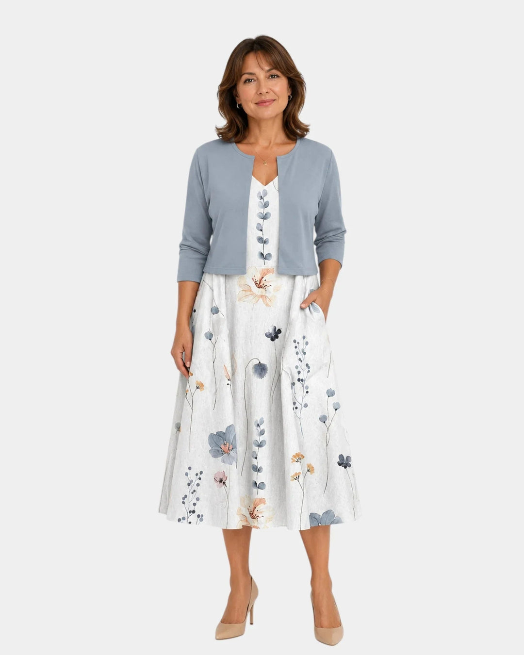 Guilaine | Sæt med blomstret kjole og let cardigan