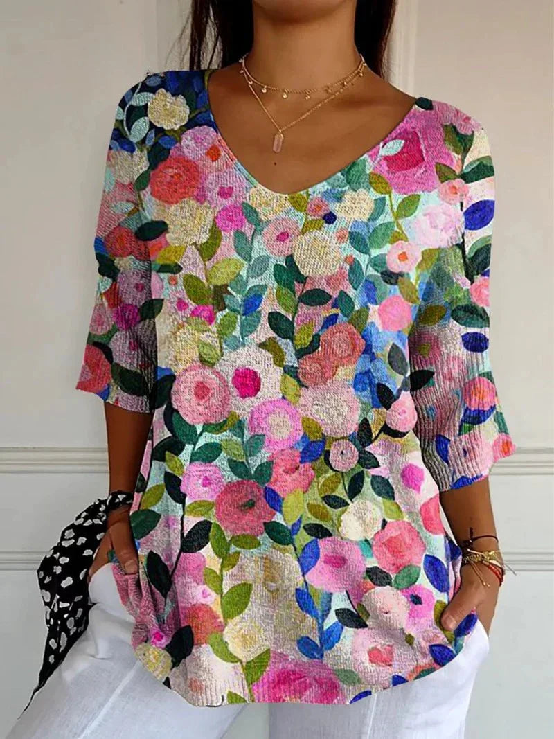 Roxane | Afslappet strikket sweater med farverige blomster
