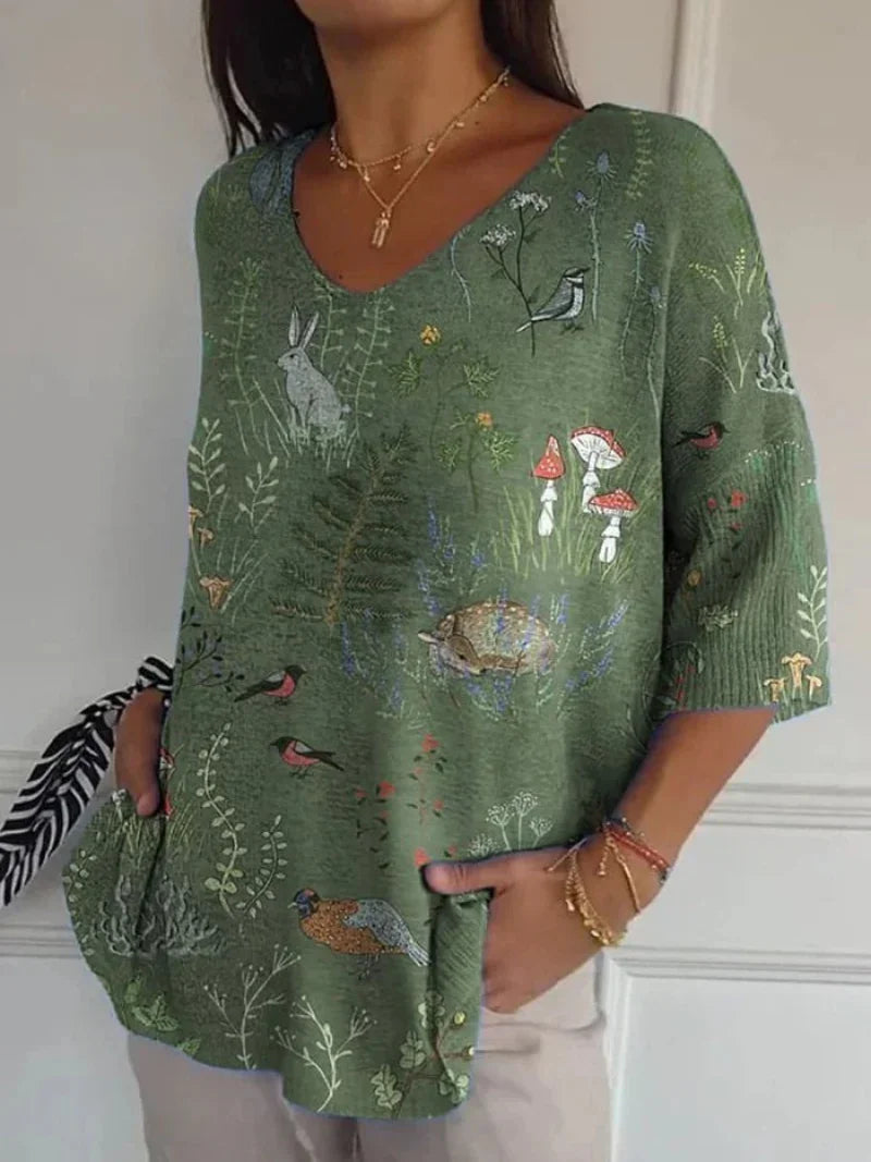 Laetitia | Afslappet strikket sweater med skov- og dyreprint