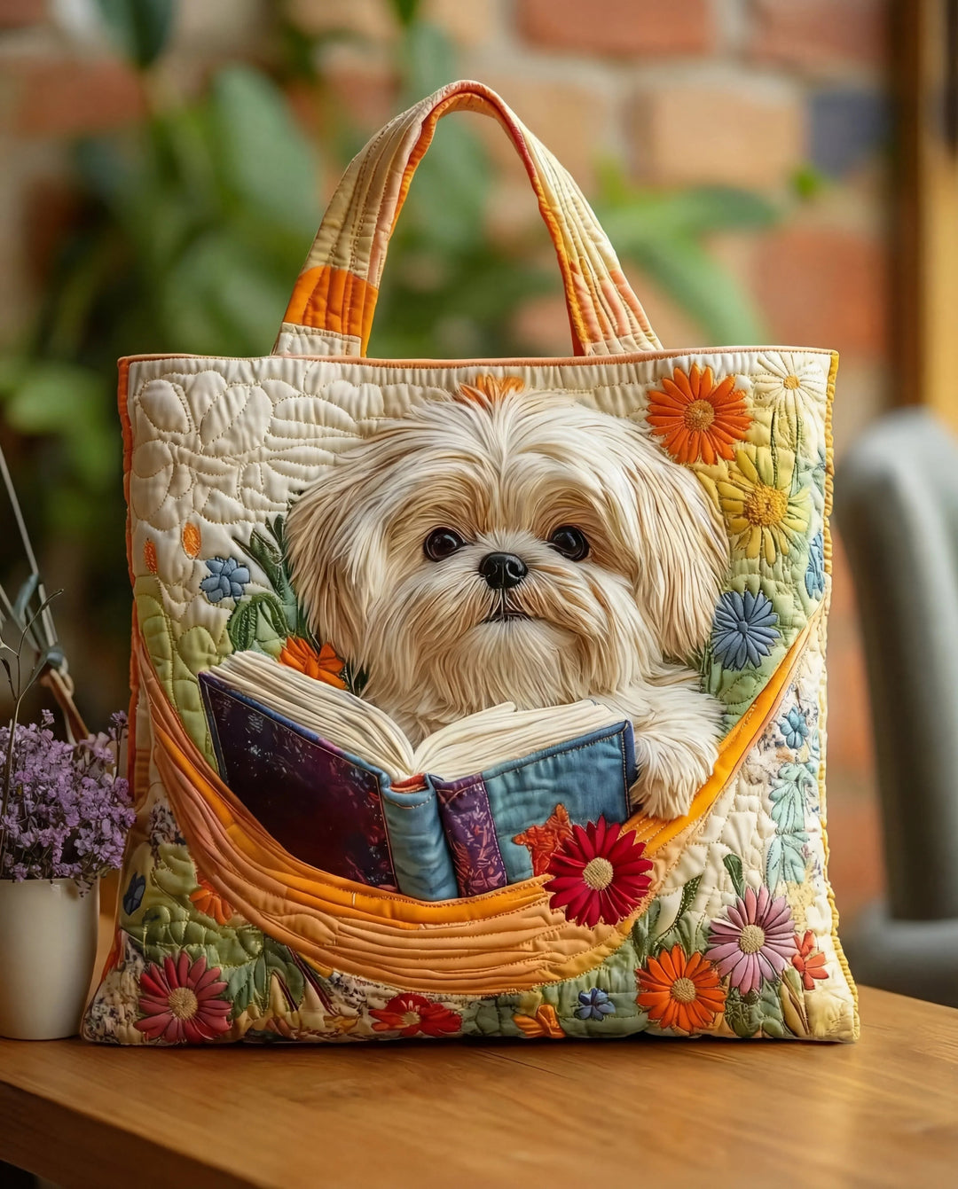 Håndlavet taske "Shih Tzu med bog og blomster"